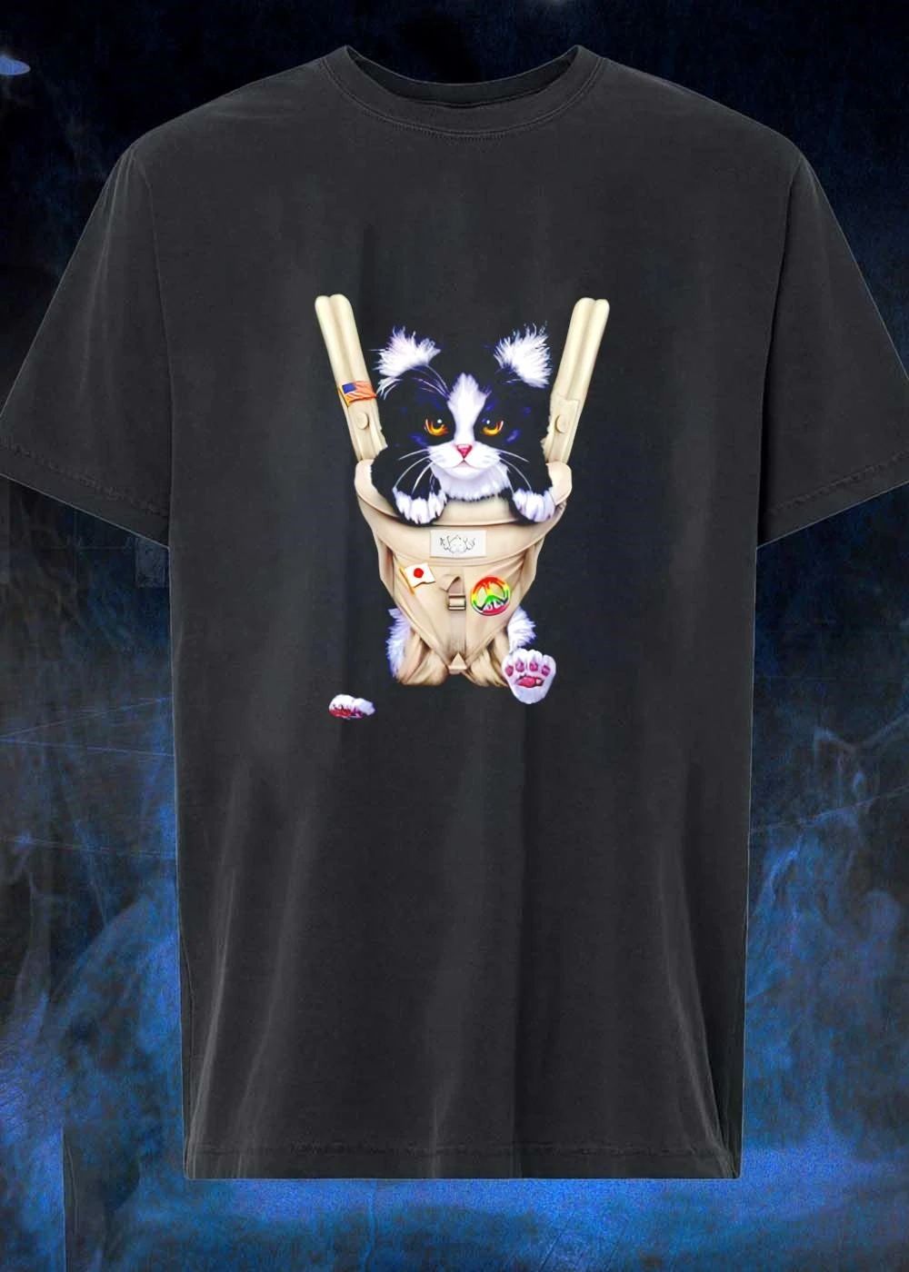 Cute Tuxedo Cat in Baby Carrier with Flag and Peace Sign T-Shirt