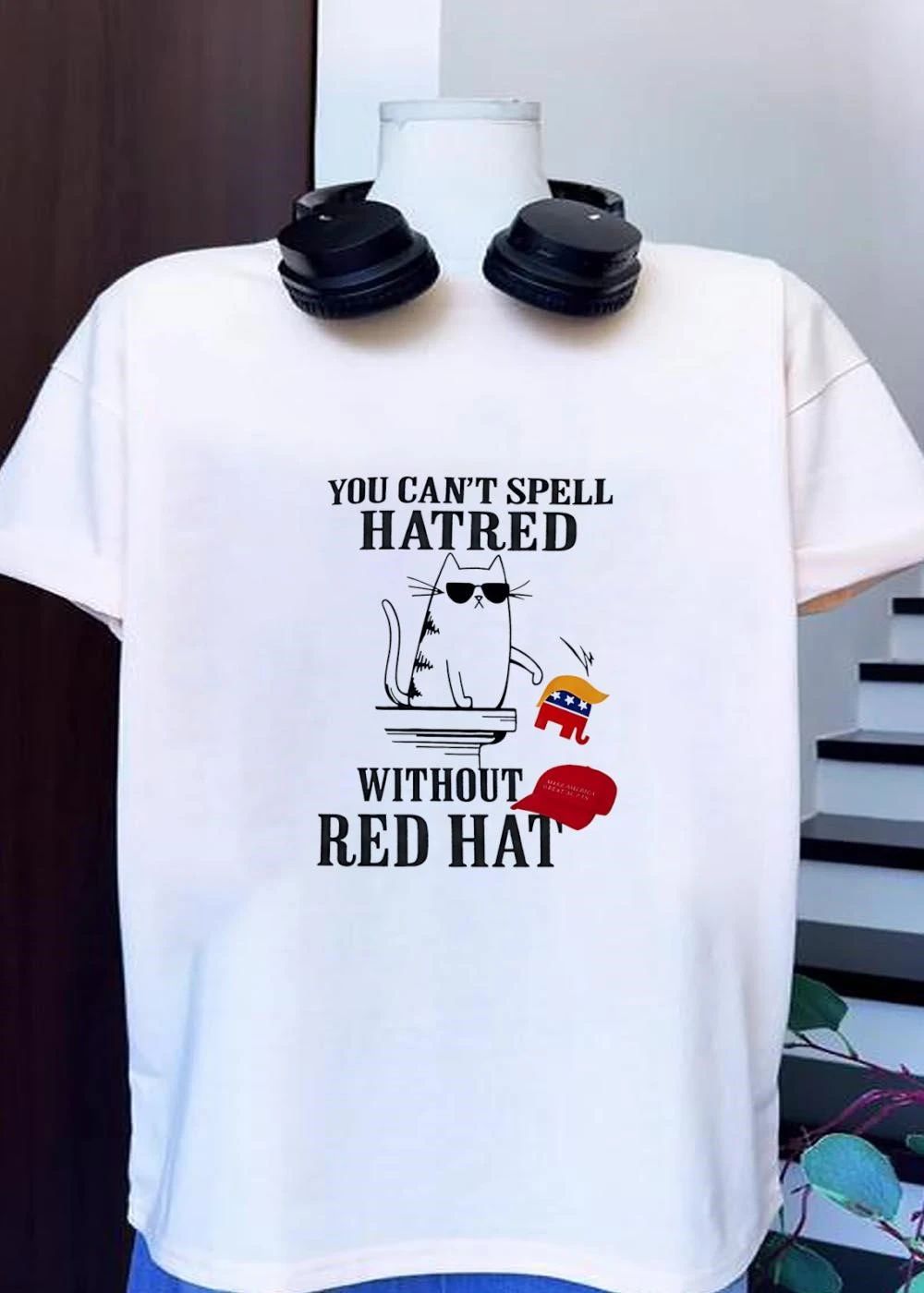 Anti-Trump Political Apparel Cat Knocking Down Elephant Symbol You Can Not Spell Hatred Without Red Hat T-Shirt