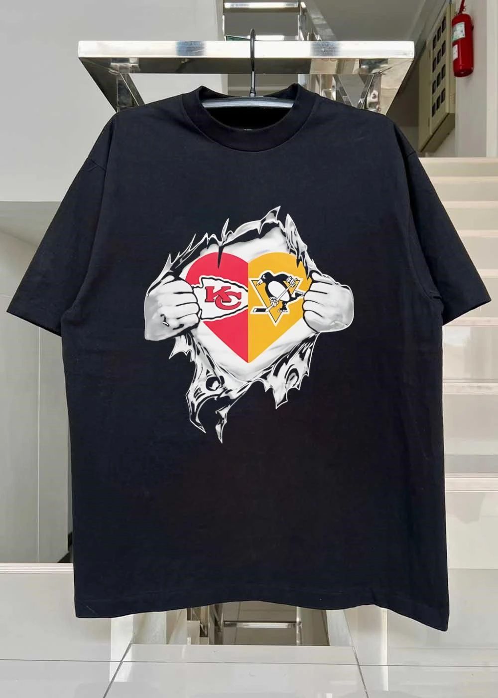 Heart KC Chiefs Pittsburgh Penguins Ripping Chest T-Shirt