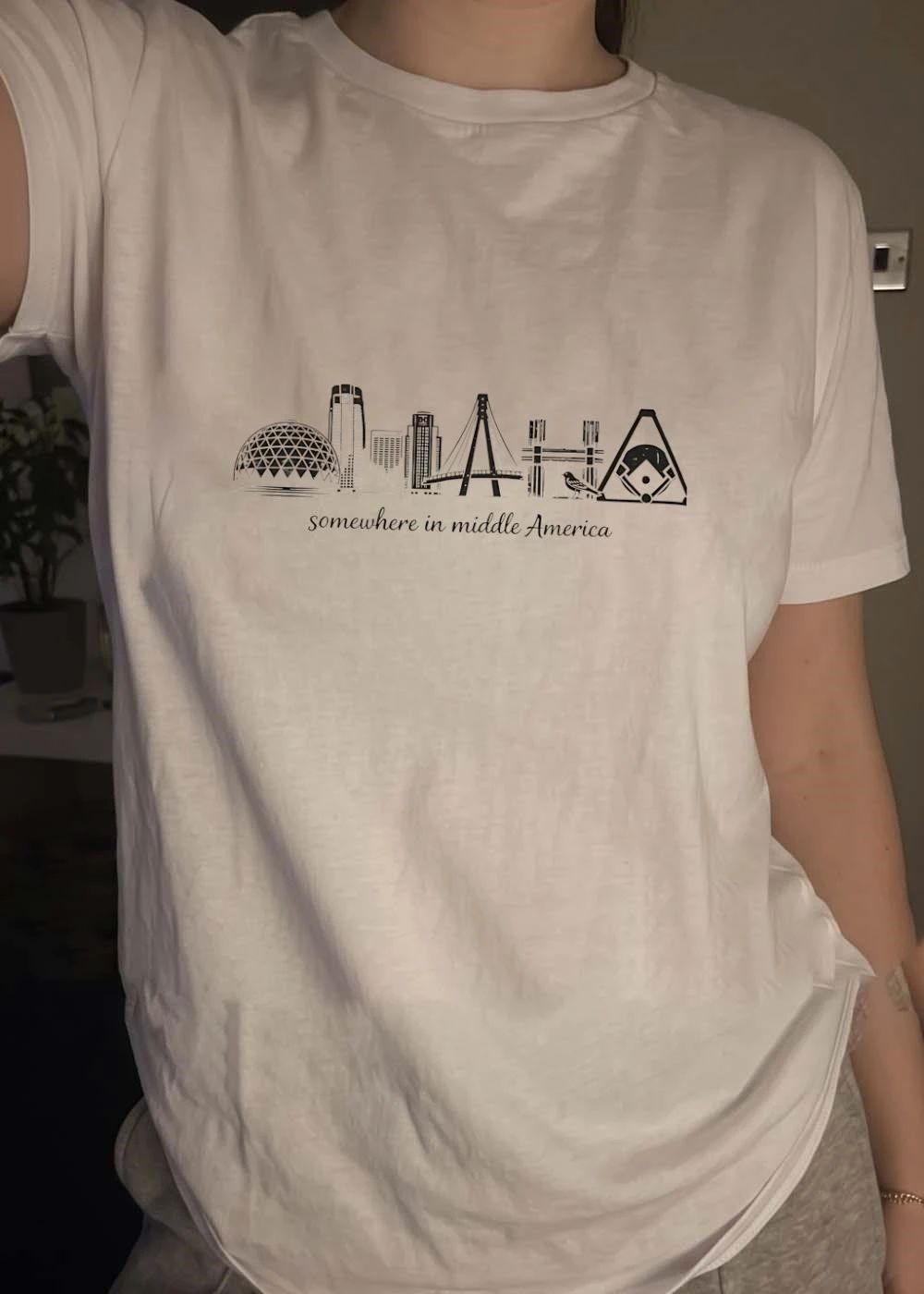 Somewhere in Middle America Omaha Skyline Bird Baseball T-Shirt