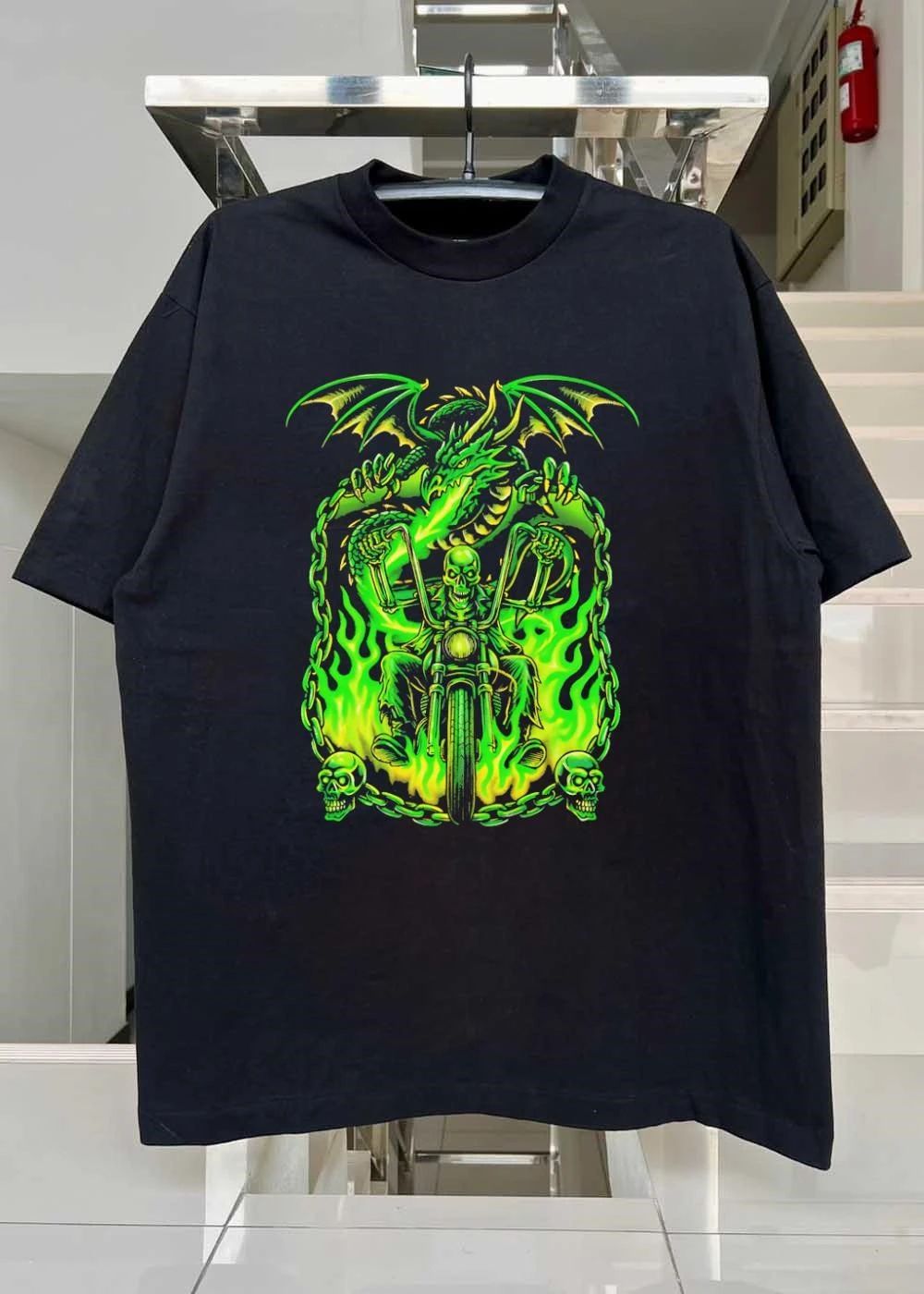 Green Dragon Skeleton Chopper Flames Shirt