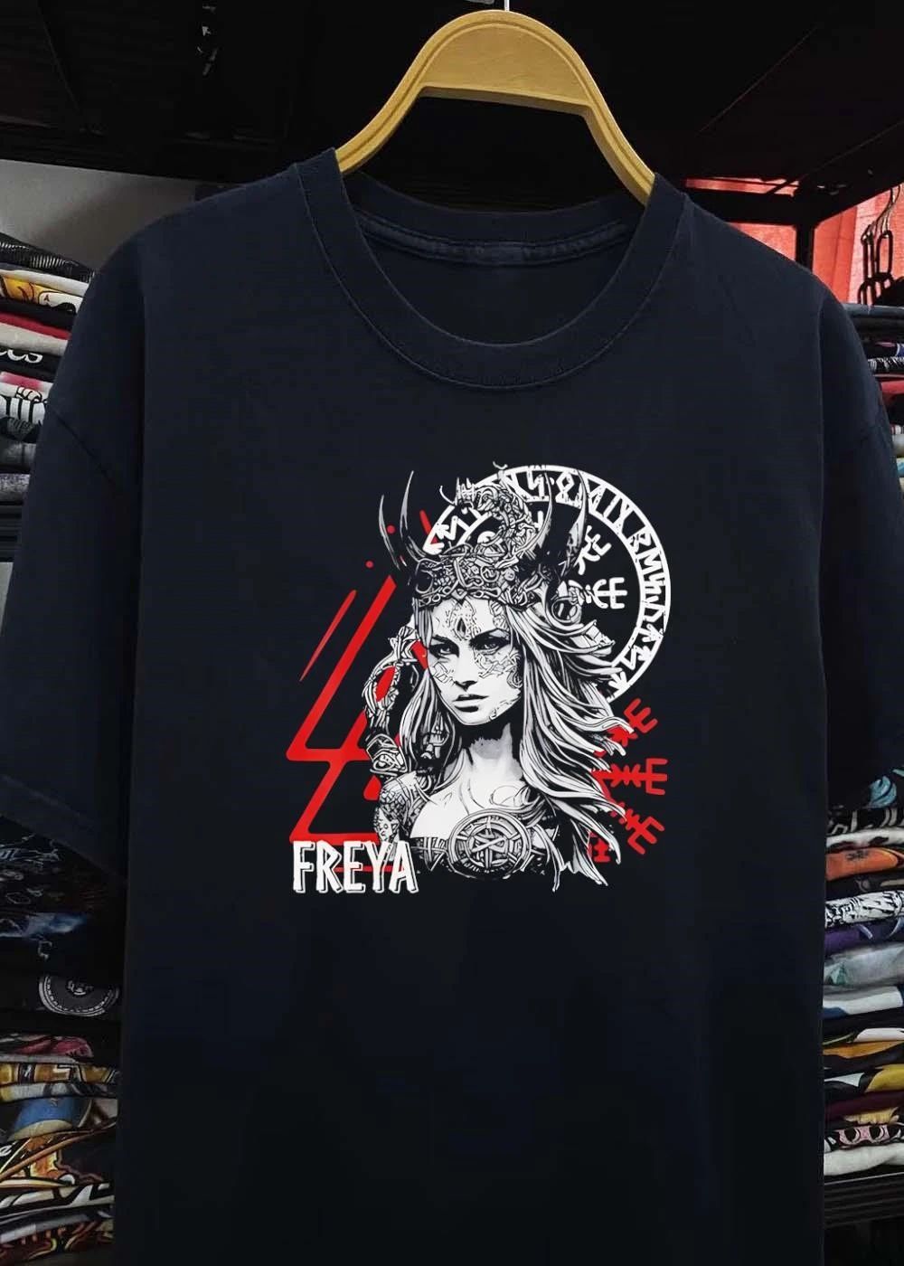 Viking Warrior Goddess Freya Norse Mythology Runes Symbol Black T-Shirt