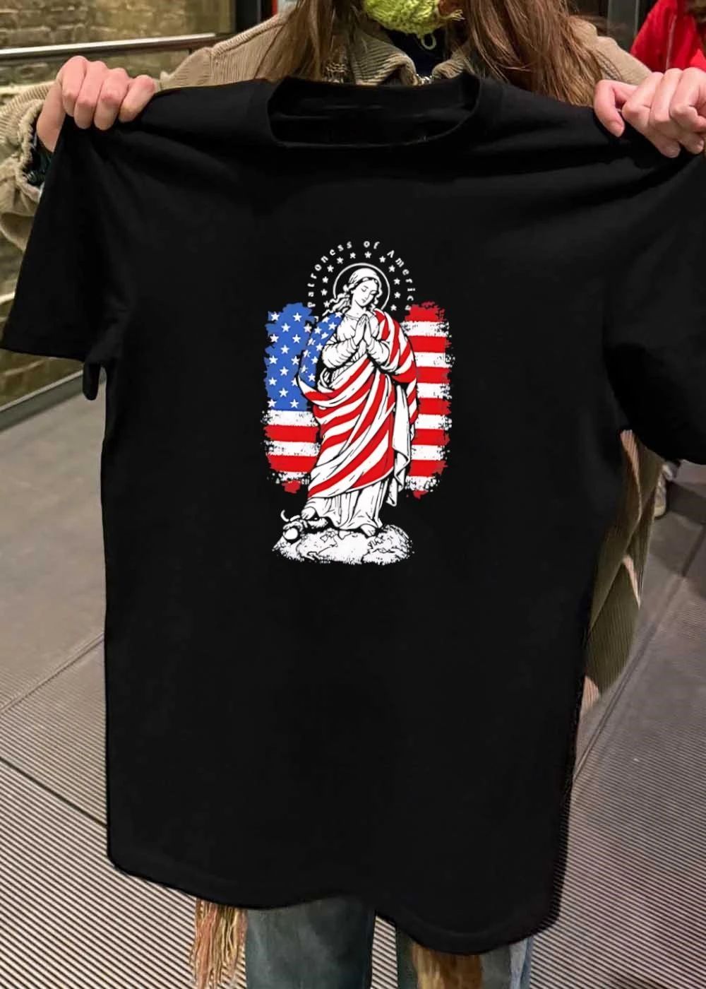 Patroness of America Blessed Virgin Mary Praying United States Flag T-Shirt