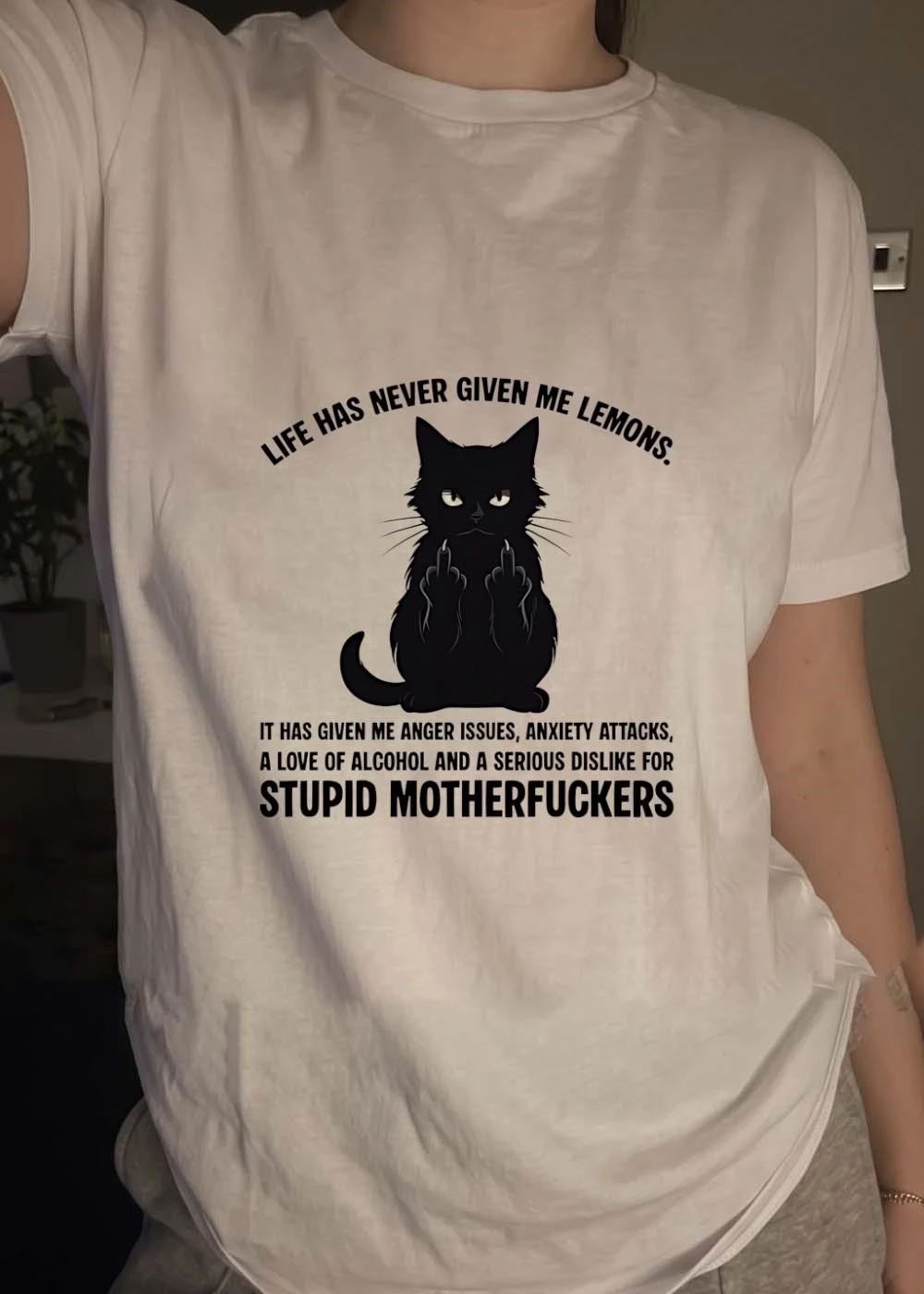 Life has never given me lemons anger issues cat giving the middle finger shirt