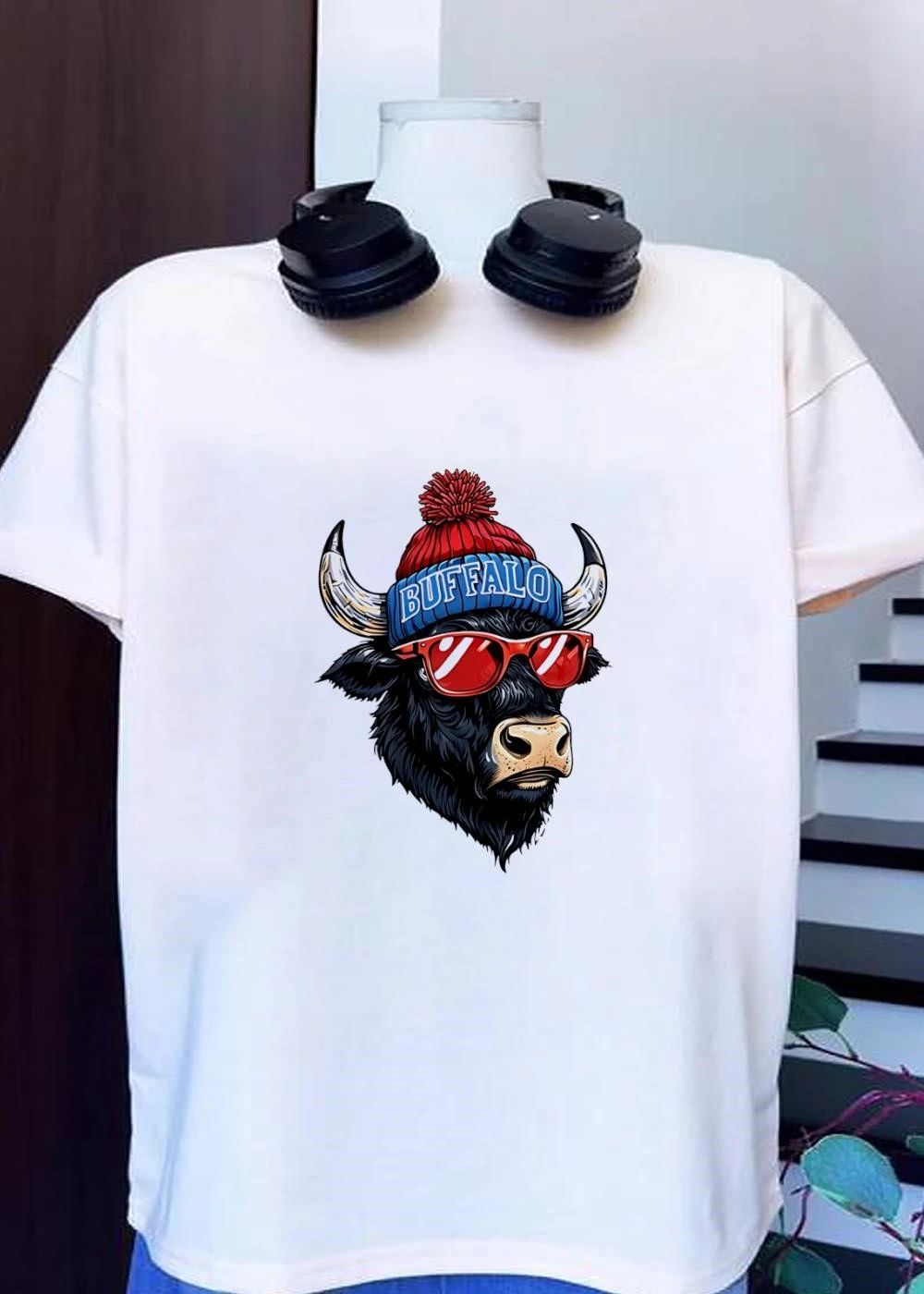 Cool Buffalo Apparel Wearing Red Sunglasses Winter Beanie Buffalo T-Shirt