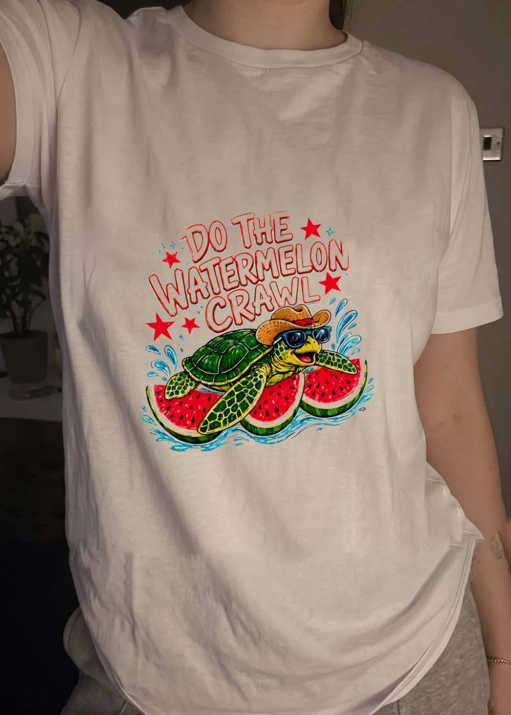Watermelon Crawl Turtle Cowboy Sunglasses Yellow Summer Graphic T-Shirt