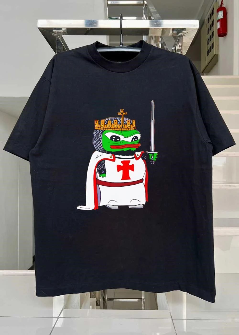 Crusader Pepe holding a sword, Royal Frog Knight shirt