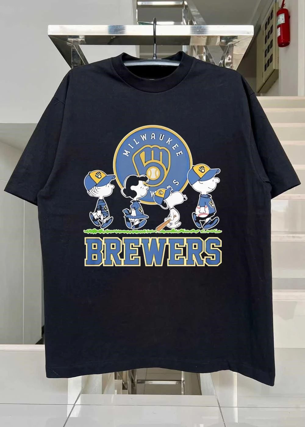 Peanuts Characters Milwaukee Brewers Logo Baseball Graphic T-Shirt