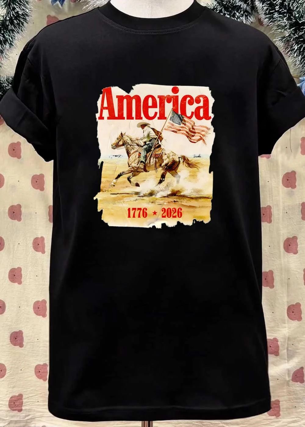 America 1776 2026 Cowboy Riding Horse Holding American Flag Vintage shirt