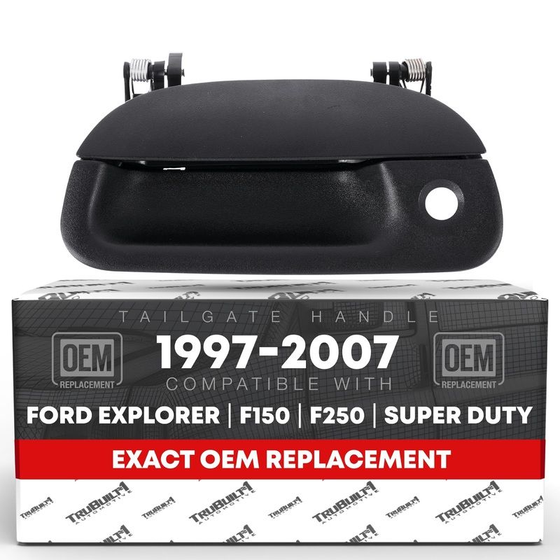 T1A Tailgate Handle Assembly Replacement – Compatible with 1997-2007 Ford F-250, F-350, F-450, F-550 Super Duty Models – Textured Black with Keyhole – OEM 7L3Z-9943400AA, XL3Z-9943400-AAA, 80238