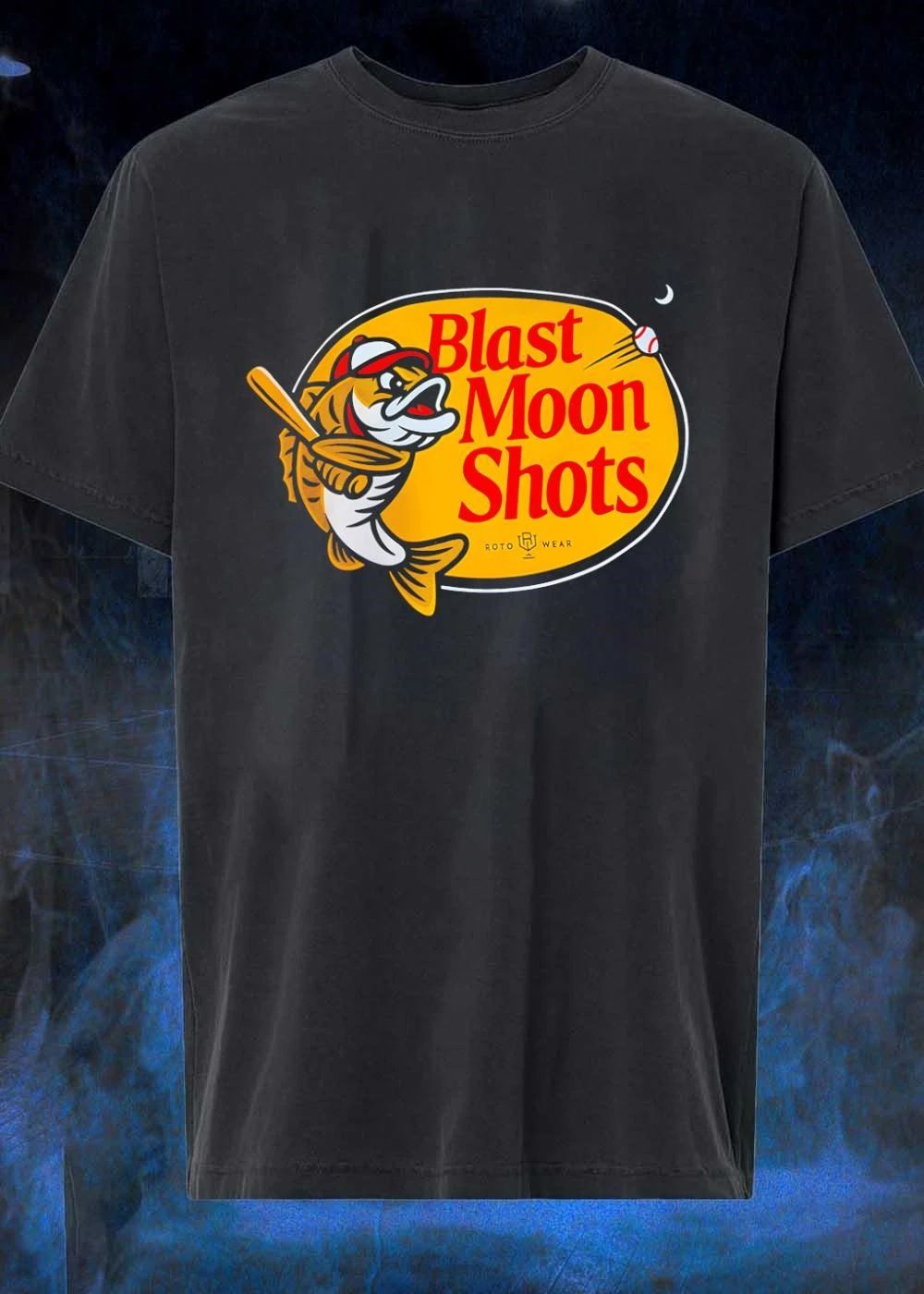 Roto Wear Fish Hitting Baseball Blast Moon Shots T-Shirt
