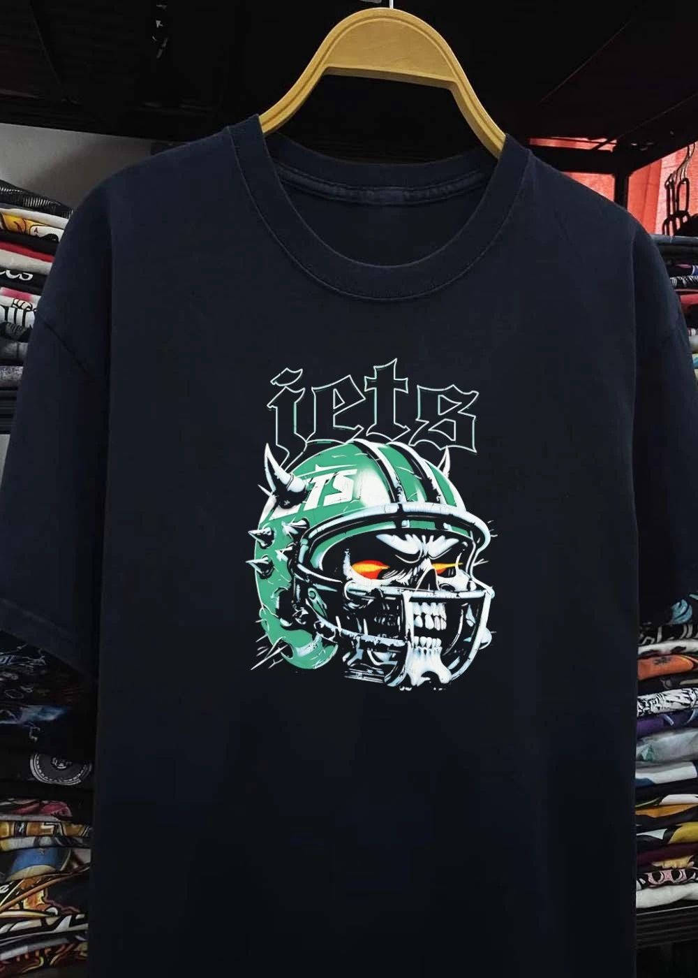 Skull Wearing Spiked Football Helmet Jets T-Shirt