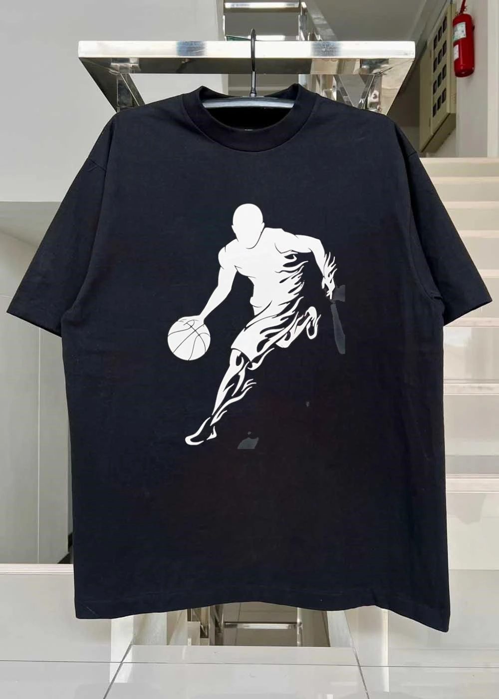 Flaming Basketball Player Dribbling Graphic Athletic T-Shirt