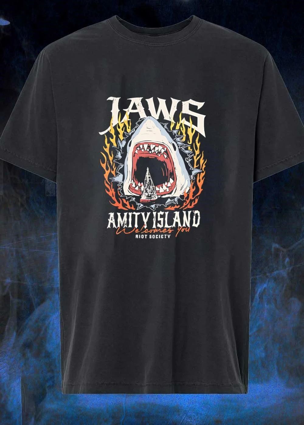 Riot Society Jaws Amity Island Welcomes You Shark Eating Boat T-Shirt