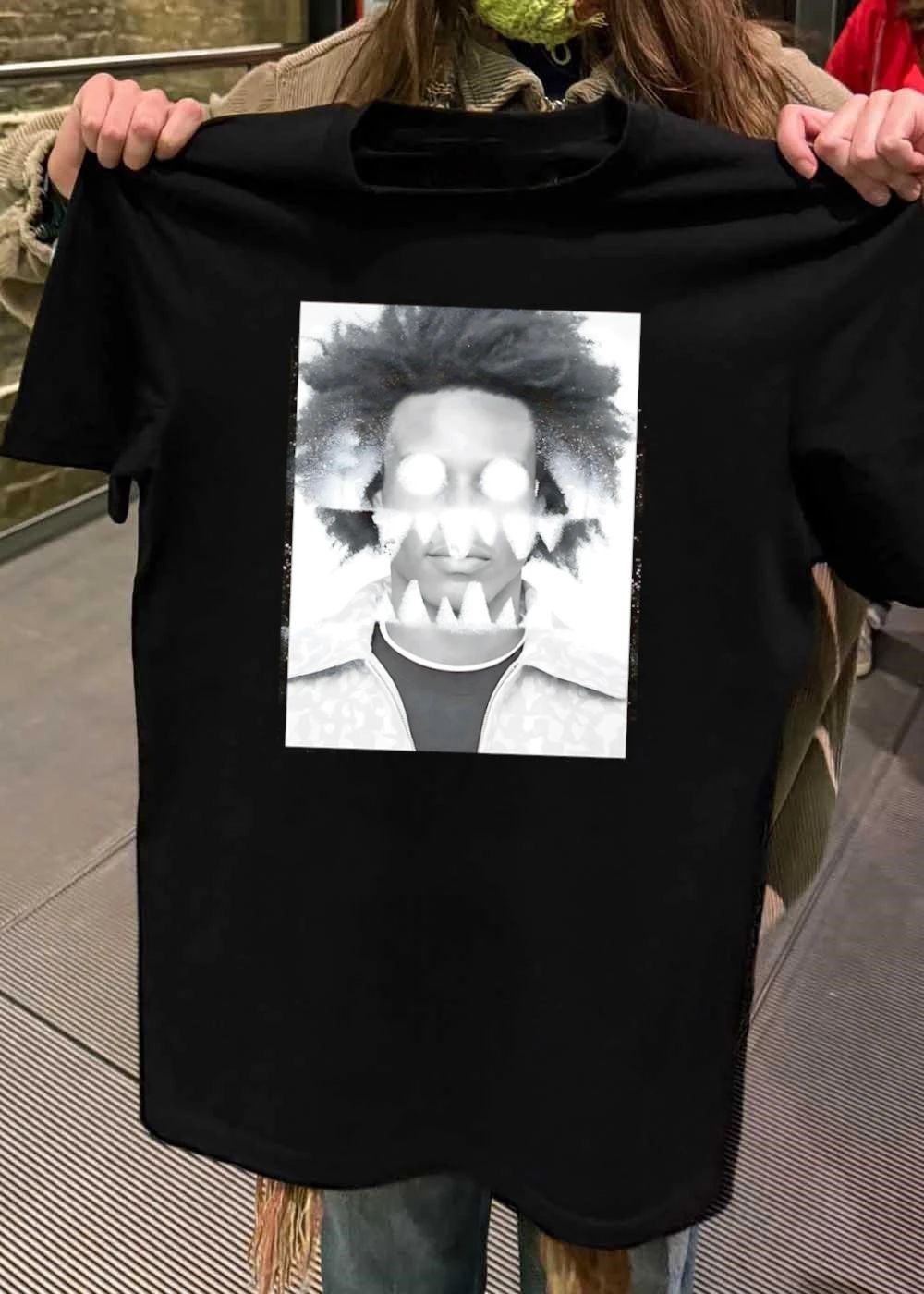 Distressed Graphic Portrait White Glowing Eyes Sharp Teeth T-Shirt
