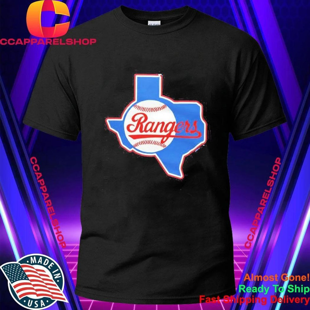 Texas Rangers Texas state outline baseball cursive script logo Shirt