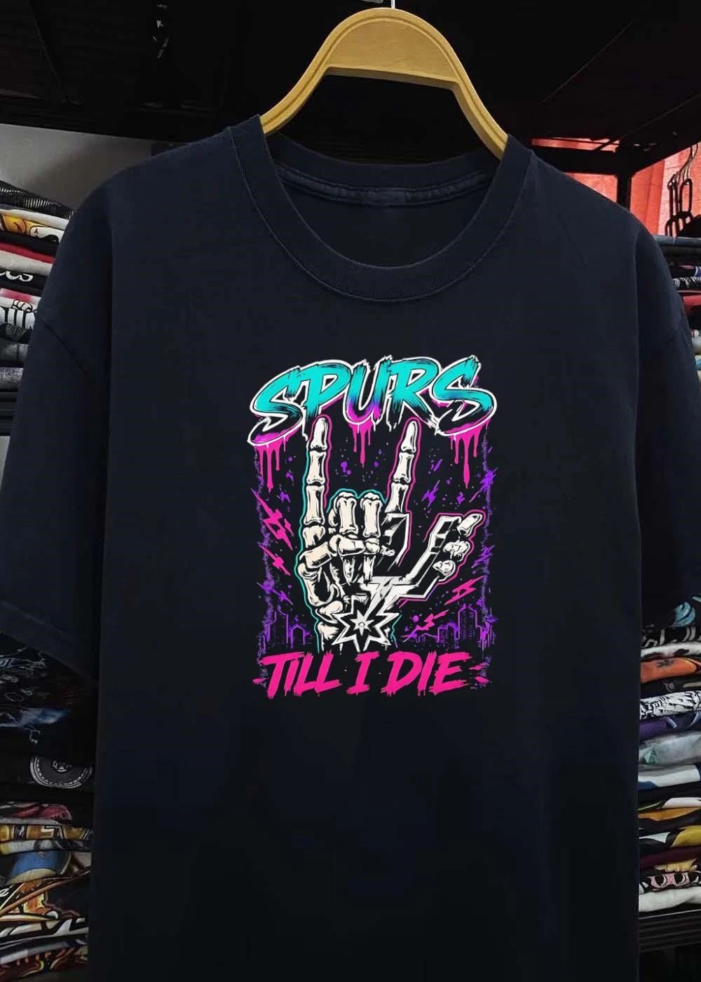 Spurs Till I Die Skeleton Hand Rock On Sign San Antonio Basketball T-Shirt