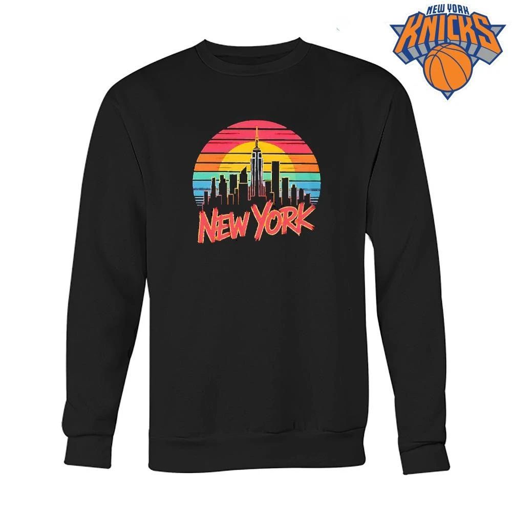 New York skyline city silhouette sunset retro color stripes lettering graphic T Shirt