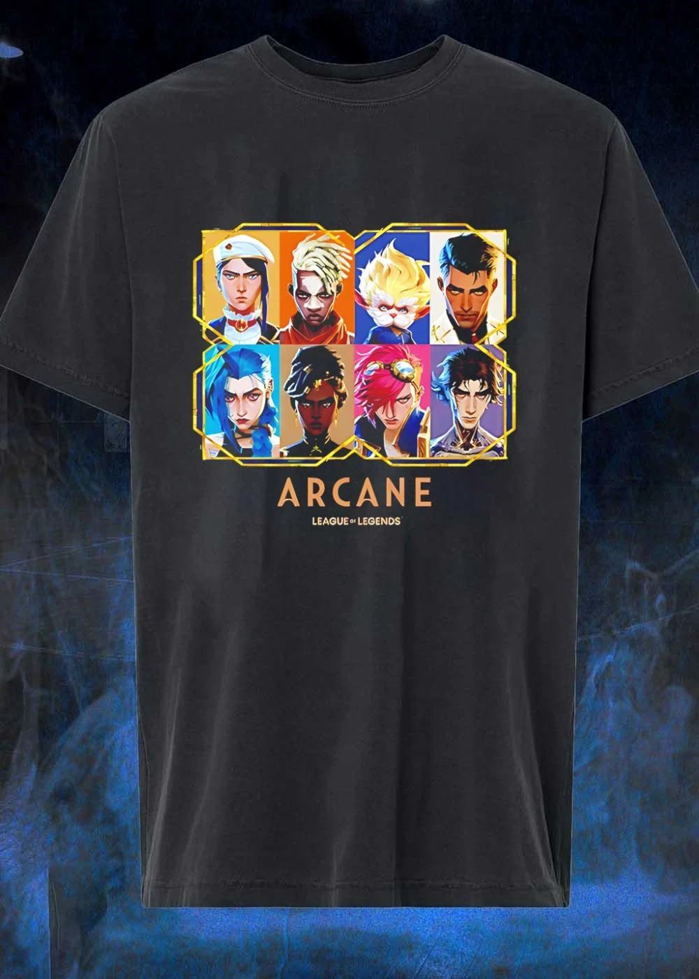 Arcane League of Legends Jinx Vi Piltover Zaun Hextech Characters Gold Frame 2026 Fan Gear Shirt