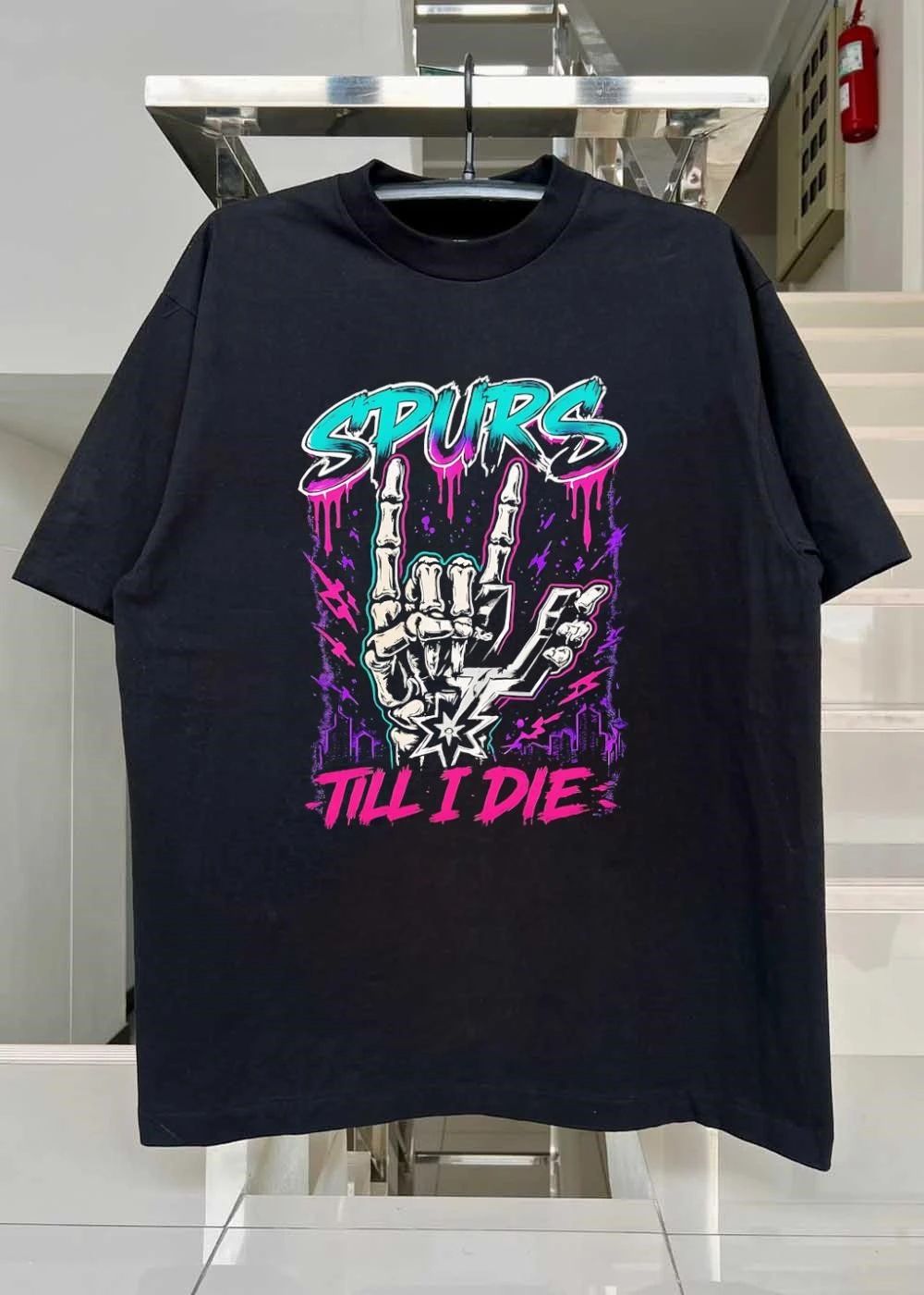 Spurs Till I Die Skeleton Hand Rock On Sign San Antonio Basketball T-Shirt