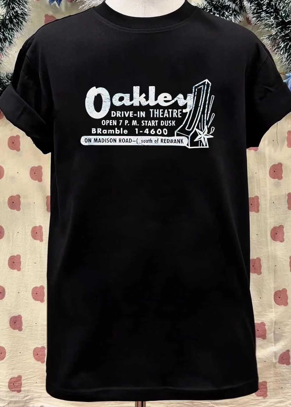 Oakley Drive-in Theatre Open 7 PM Start Dusk Bramble 14600 on Madison Road South of Redbank Vintage Retro Drive-in Theatre T-Shirt