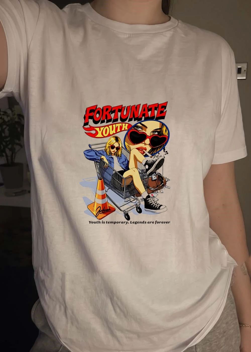 Fortunate Youth Shopping Cart Girl Smoking Heart Sunglasses T-Shirt
