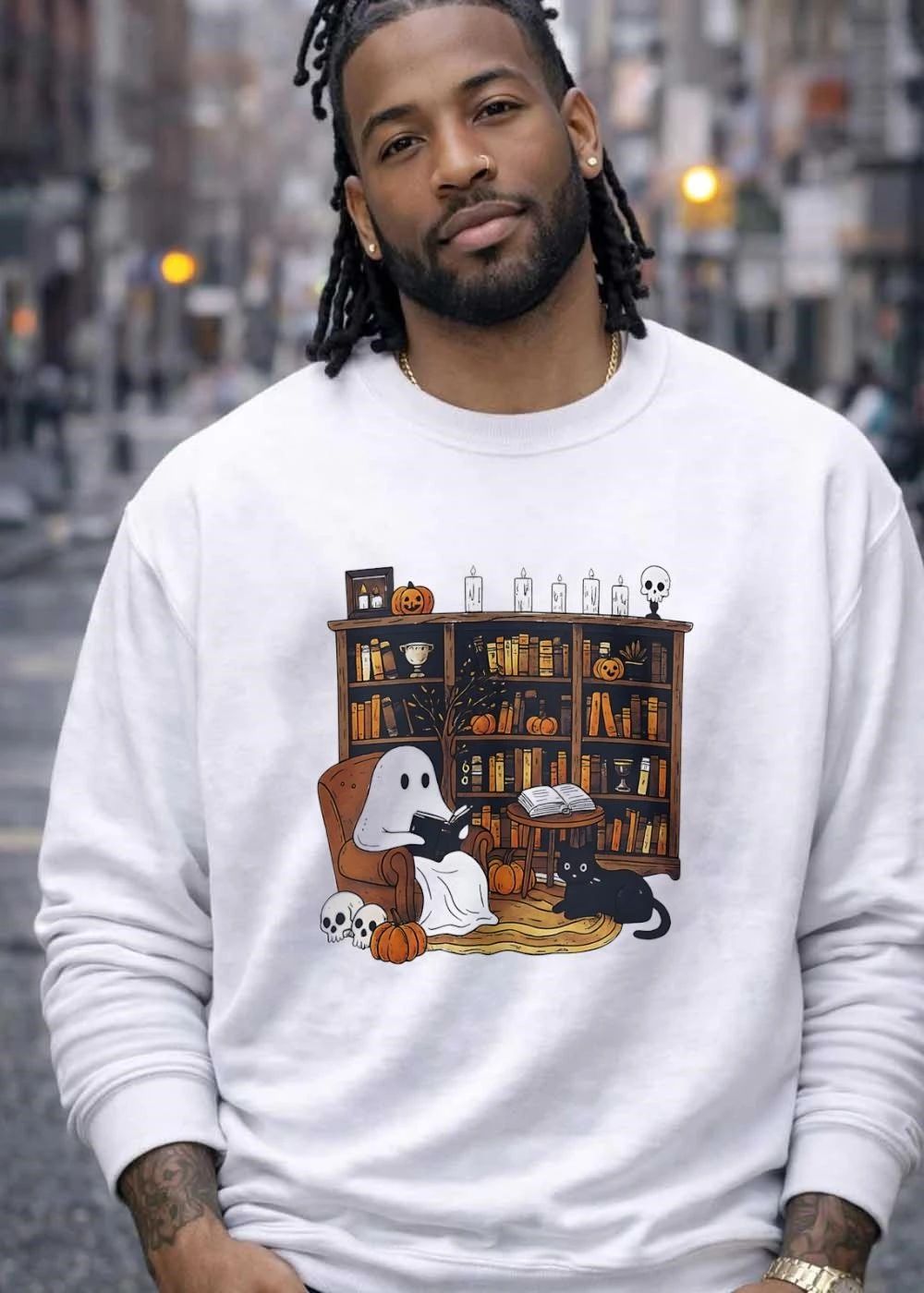 Halloween Ghost Reading Books with Black Cat and Pumpkins shirt