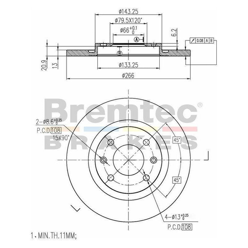 Bremtec Euro-Line Disc Brake Rotor (Pair) 266mm BDR10110EL