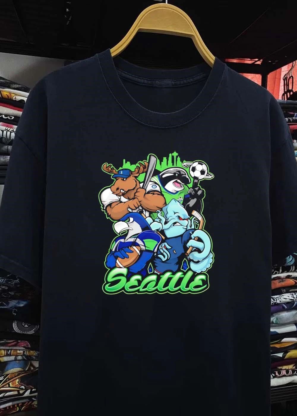Seattle Mascot Collage Baseball Soccer Football Hockey Action T-Shirt