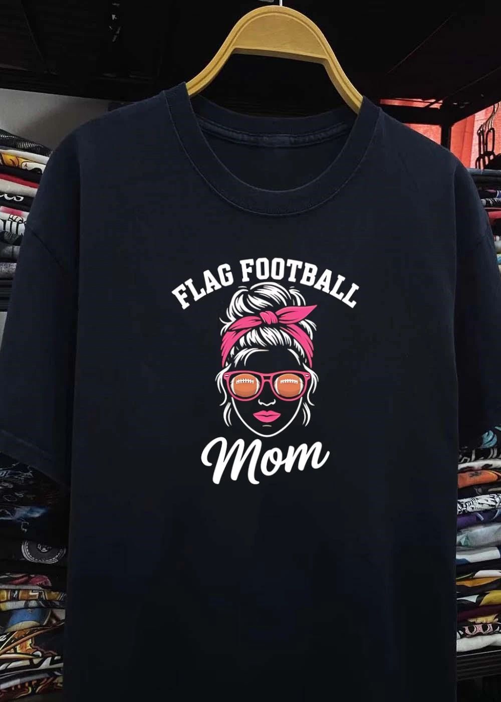 Flag Football Mom Messy Bun Pink Headband Sunglasses Sports shirt