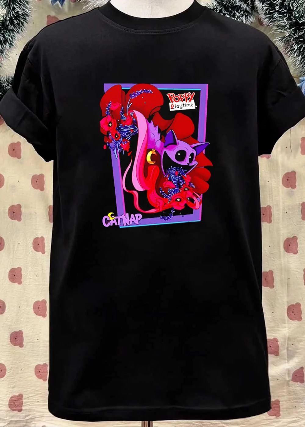 Poppy Playtime CatNap Chapter 3 Trending Smiling Purple Cat Moon Flowers Horror Game Shirt