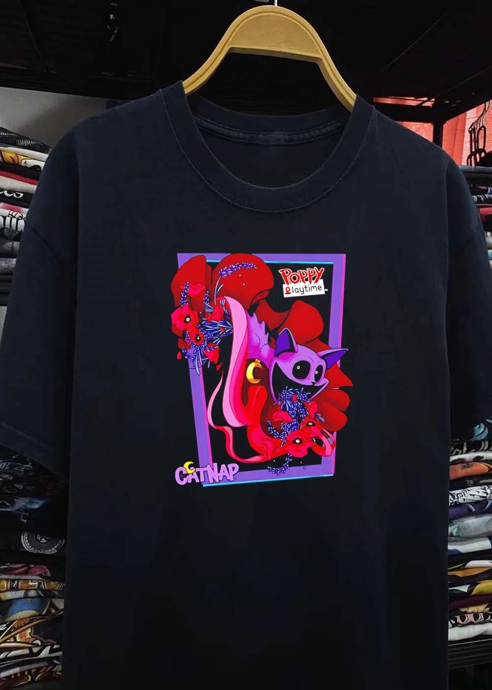 Poppy Playtime CatNap Chapter 3 Trending Smiling Purple Cat Moon Flowers Horror Game Shirt