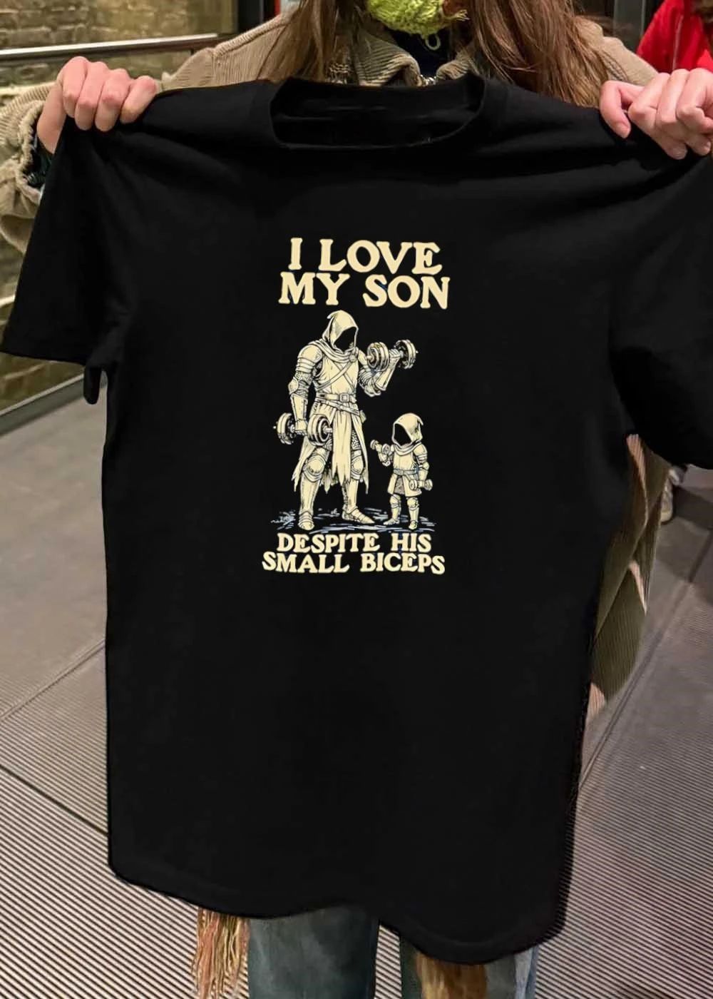 I Love My Son Despite His Small Biceps Hooded Knight Lifting Dumbbells T-Shirt