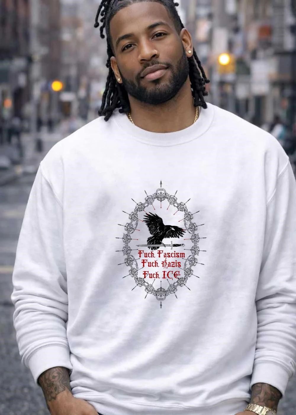 Raven Sword Gothic Art Fuck Fascism Nazis ICE T-Shirt