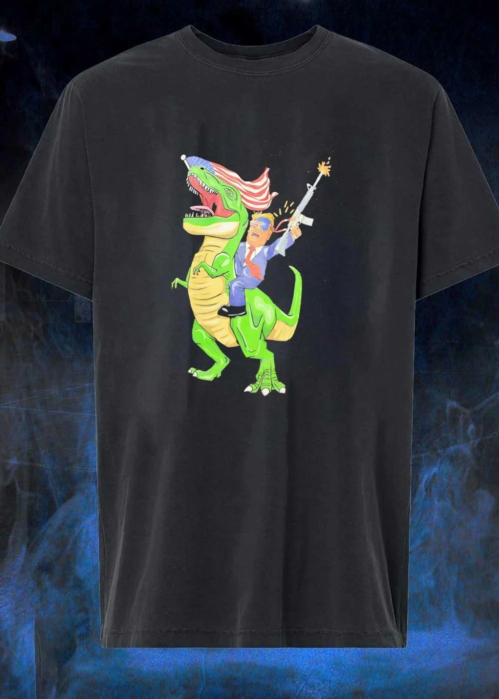 Patriotic Apparel Donald Trump Riding T-Rex Firing Rifle shirt