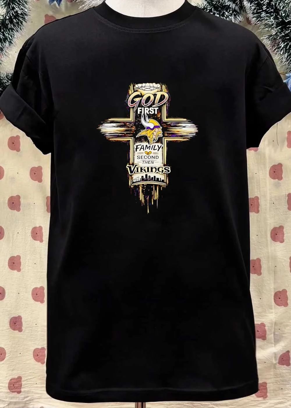 Vikings Apparel God First Family Second then Vikings Faith Sports T-Shirt