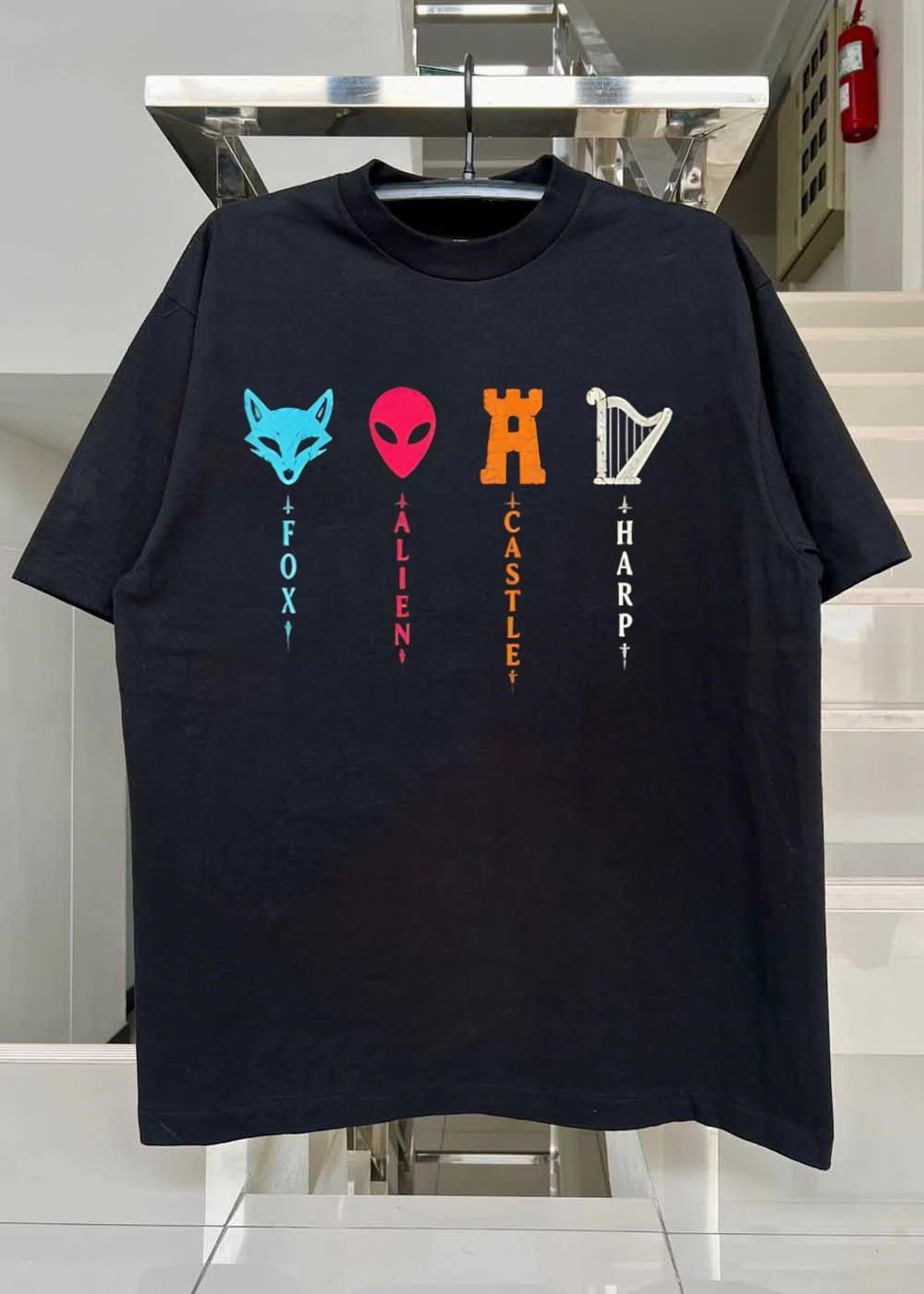 Fox Alien Castle Harp Icons Vertical Text Graphic T-Shirt