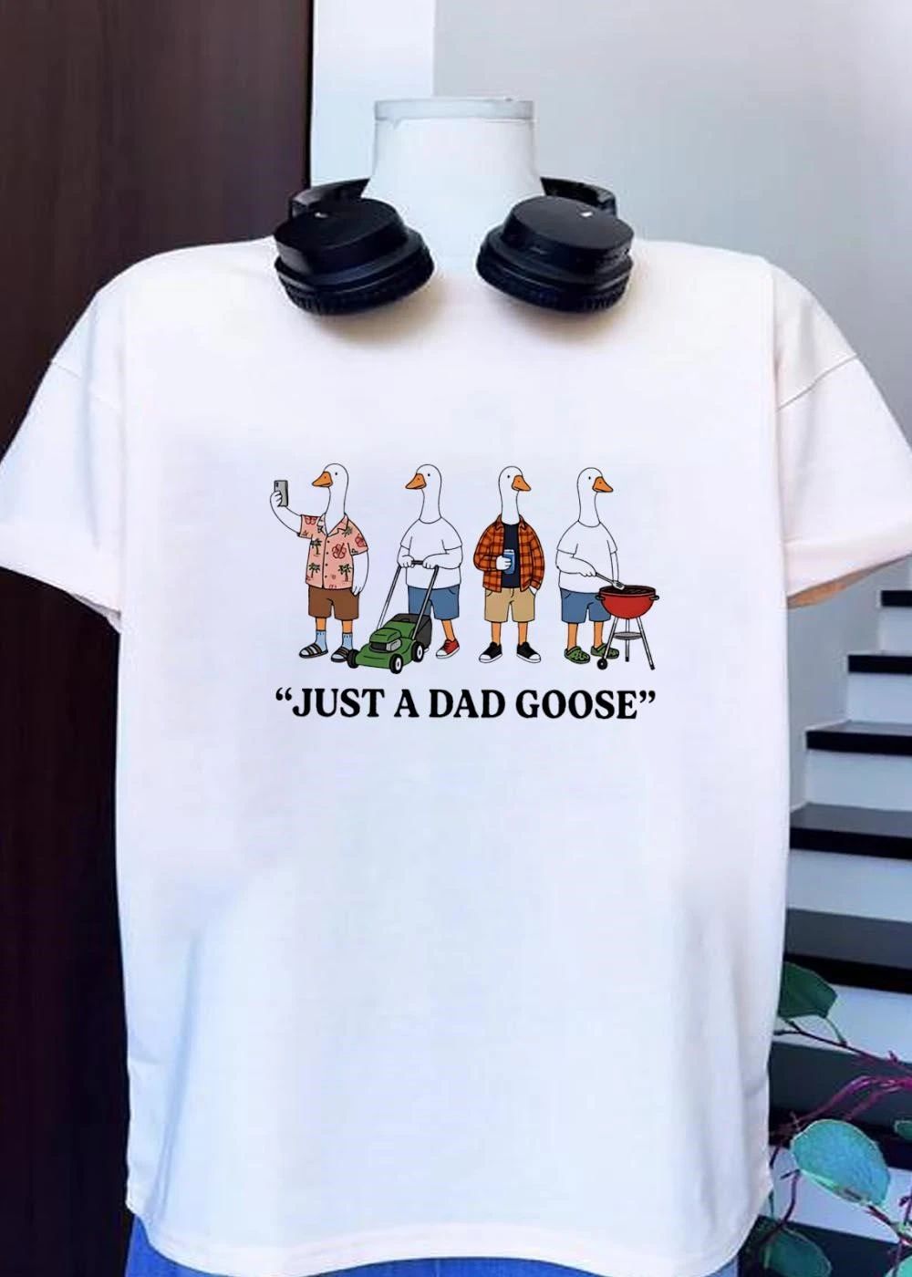 Geese dads animal selfie mowing beer grilling fatherhood just a dad goose shirt