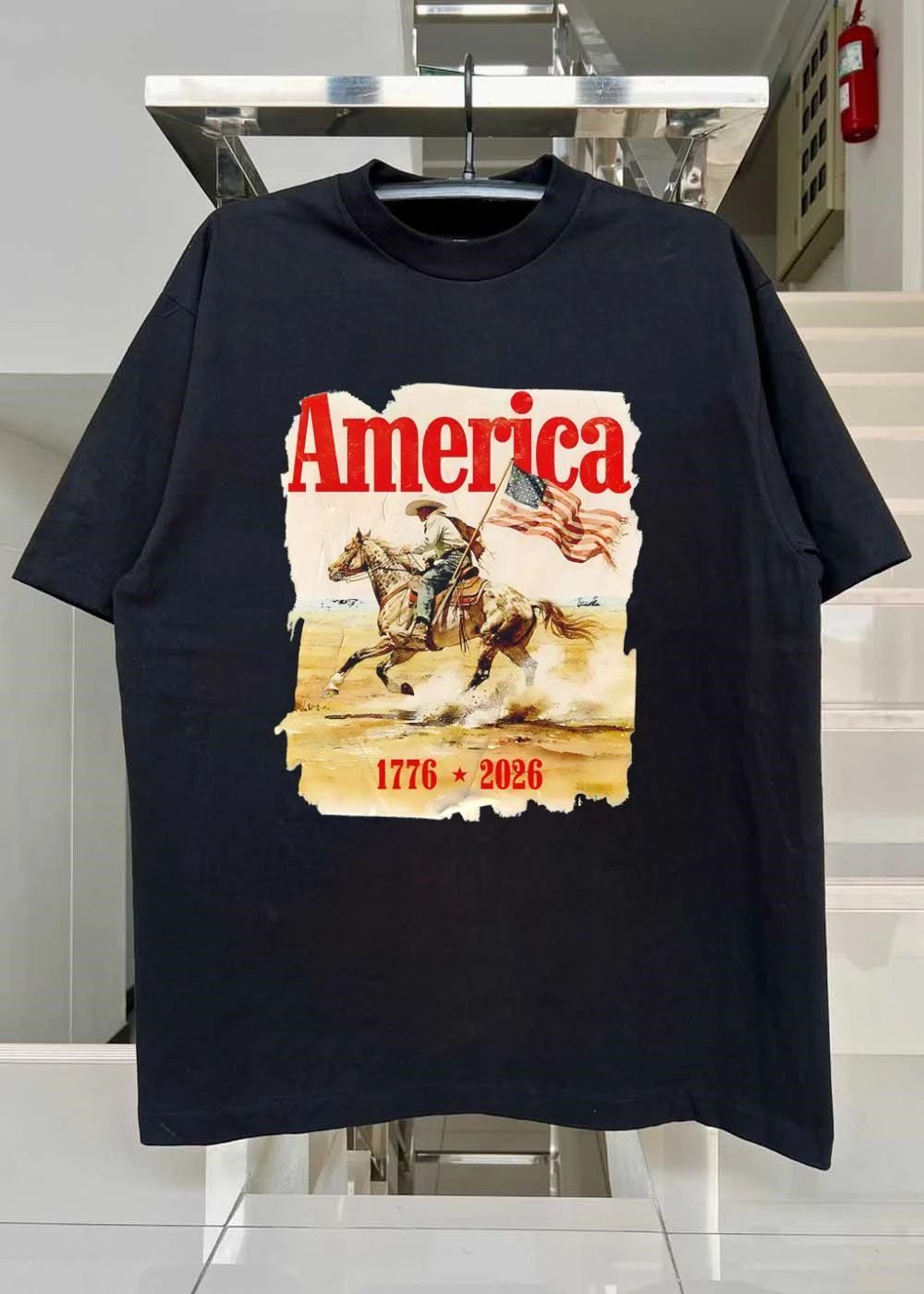 America 1776 2026 Cowboy Riding Horse Holding American Flag Vintage shirt
