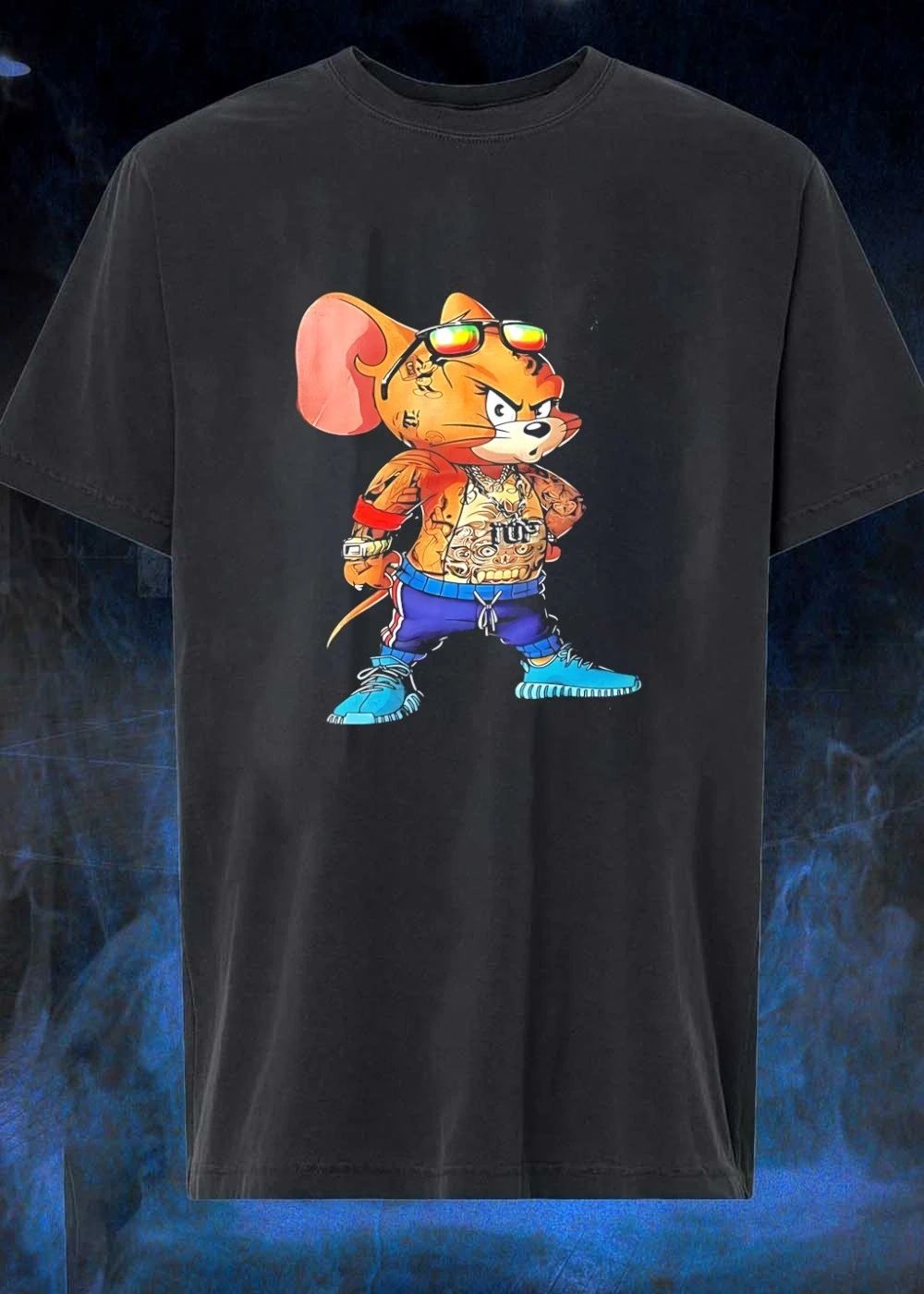 Tattooed mouse wearing sunglasses and jewelry shirt