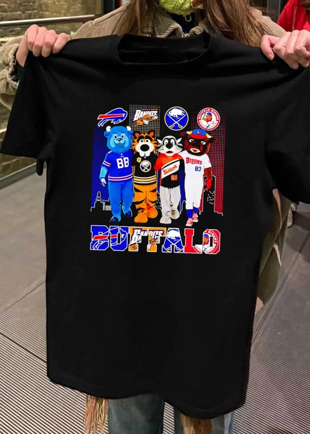 Buffalo Teams Mascots Billy Buffalo Sabretooth Buster Bison City Skyline T-Shirt