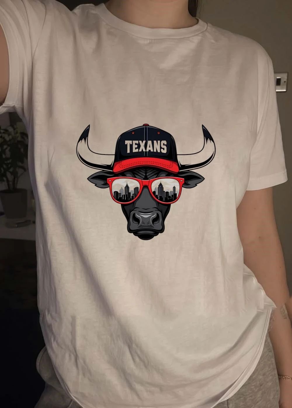 Cool Bull Wearing Sunglasses and Texans Cap T-Shirt