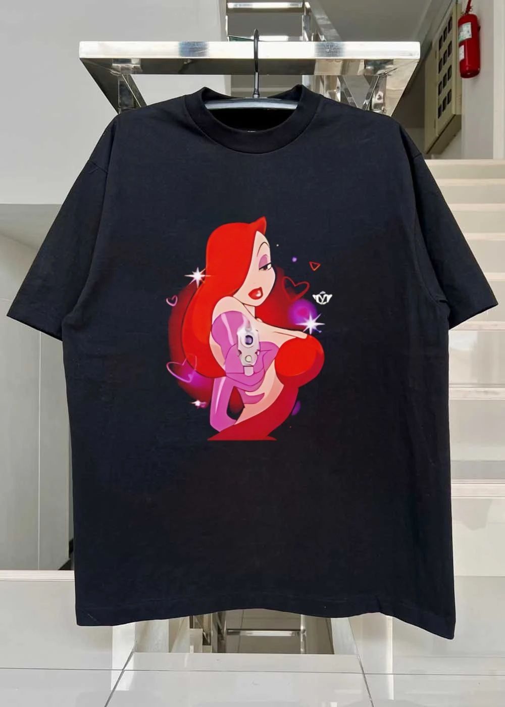 Jessica Rabbit Holding Gun Cartoon Hearts Glittery Sexy Woman T-Shirt