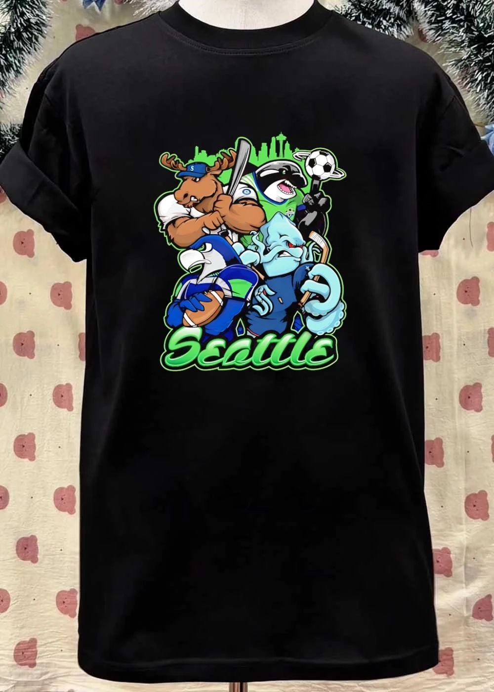 Seattle Mascot Collage Baseball Soccer Football Hockey Action T-Shirt