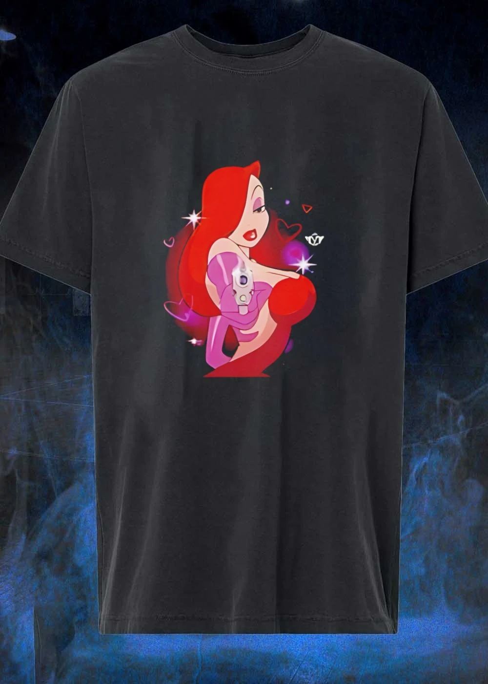 Jessica Rabbit Holding Gun Cartoon Hearts Glittery Sexy Woman T-Shirt