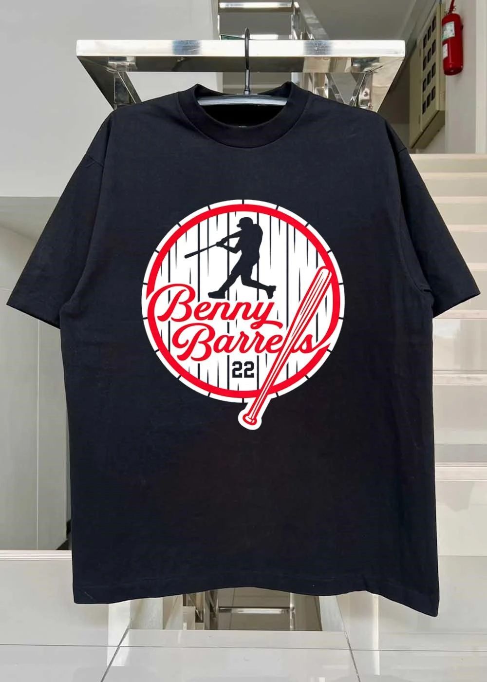 Benny Barrels Number 22 Baseball Player Swings Bat Roto Wear shirt