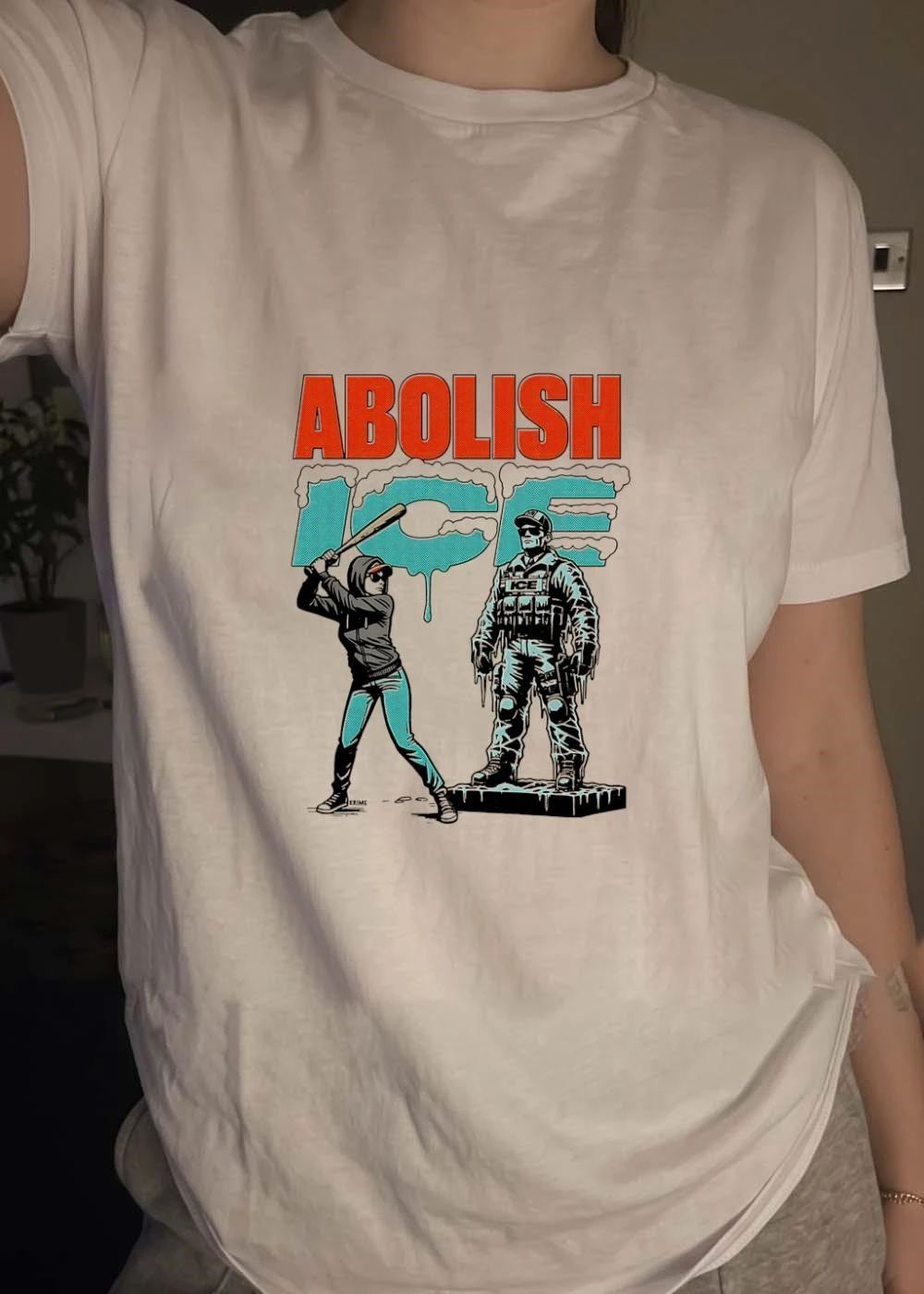 Krime Abolish ICE Woman Baseball Bat Smashing Statue T-Shirt