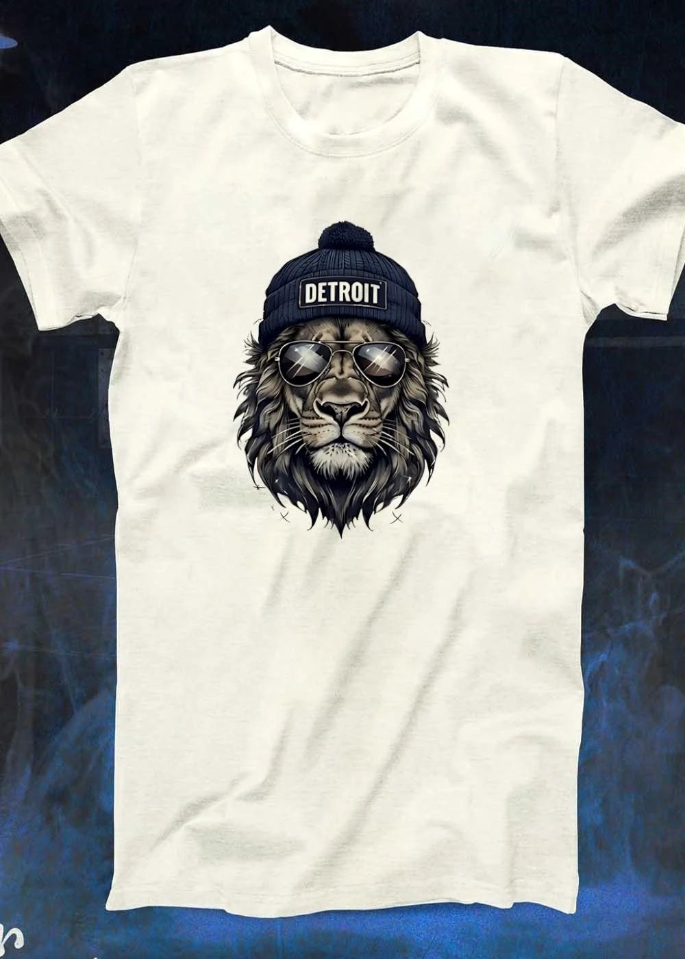 Detroit Lion Wearing Sunglasses with Pom Pom Hat Winter Style T-Shirt