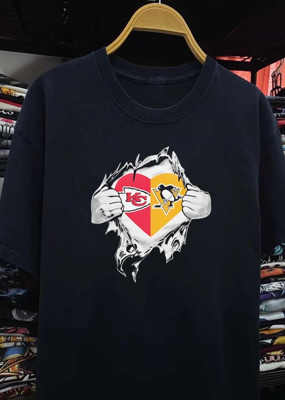 Heart KC Chiefs Pittsburgh Penguins Ripping Chest T-Shirt