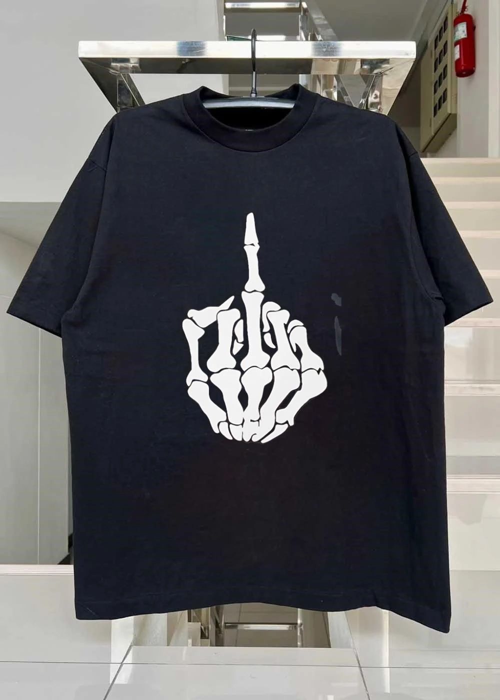 Skeleton Hand Rude Gesture Illustration White on Black T-Shirt